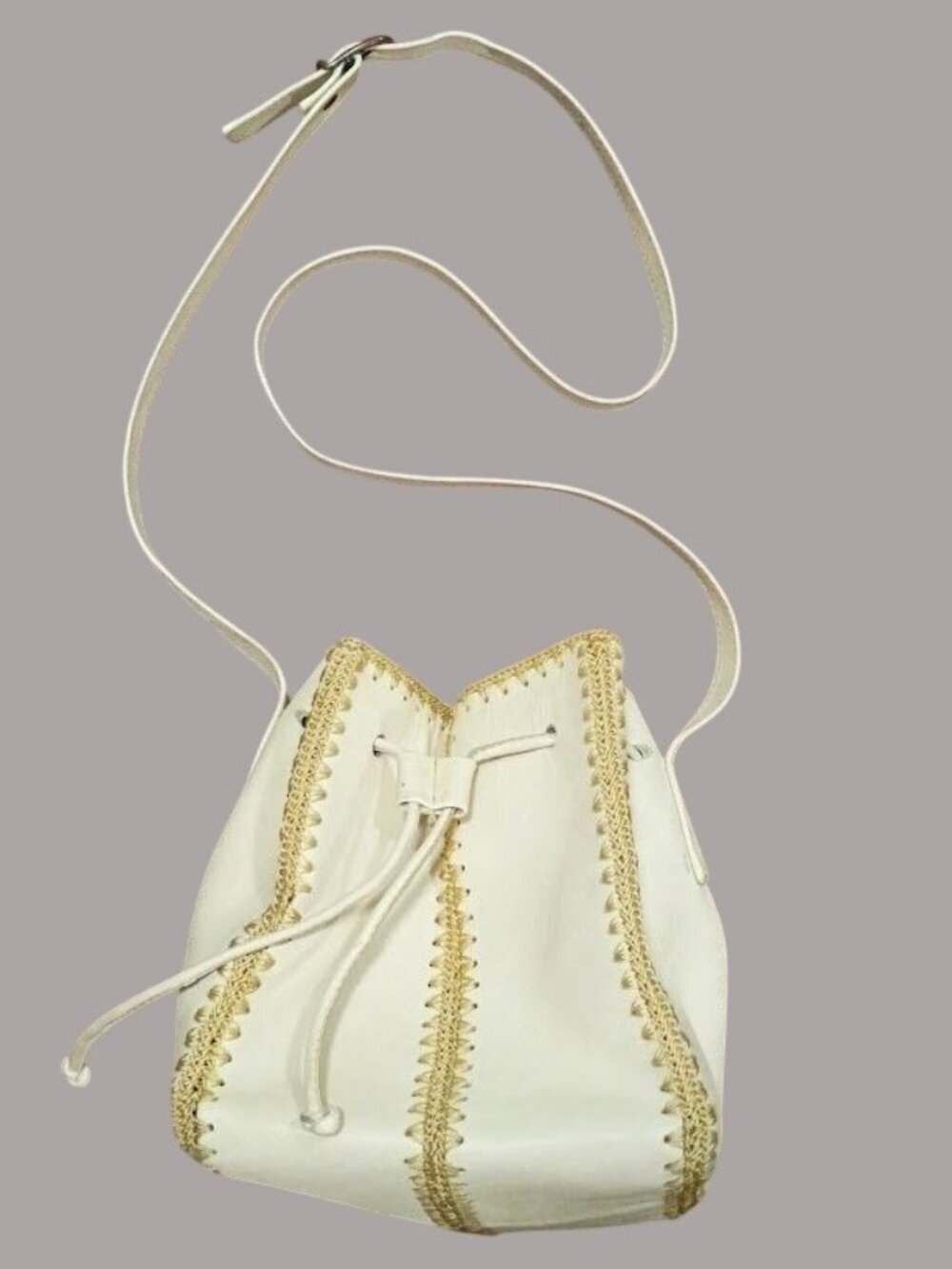 Nine West Vintage White Leather Drawstring Handbag With Braided Gold Stitching - Picture 2 of 16